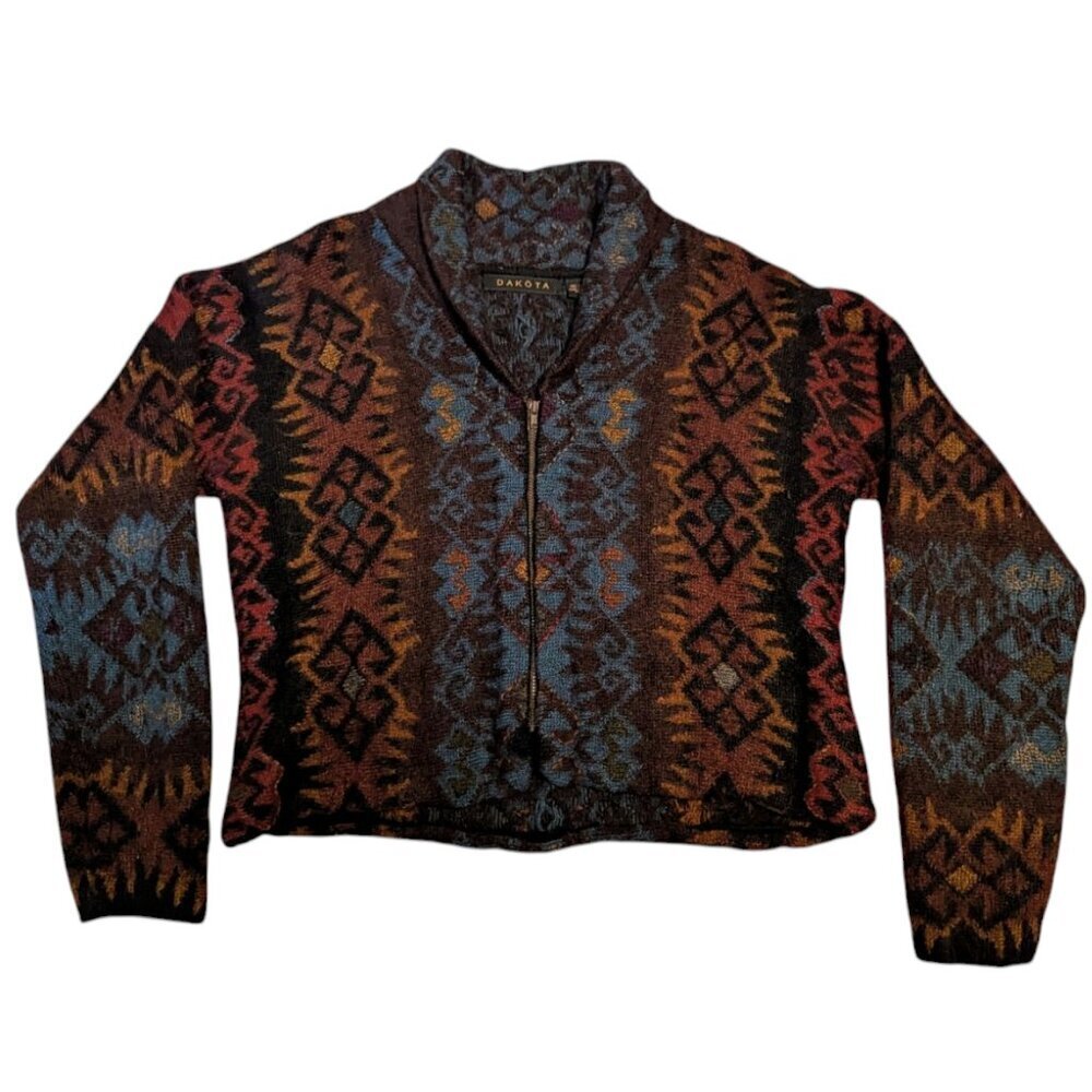 Dakota Alpaca Sweater‎ Cardigan Wool Crop Aztec Boho Hand Loomed Boxy Zip Up